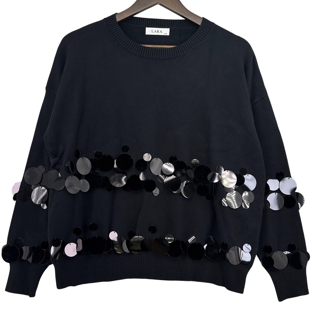 LARA Sequin Disc Embellished Knit Sweater Party Glam Black Womens L/XL Holiday